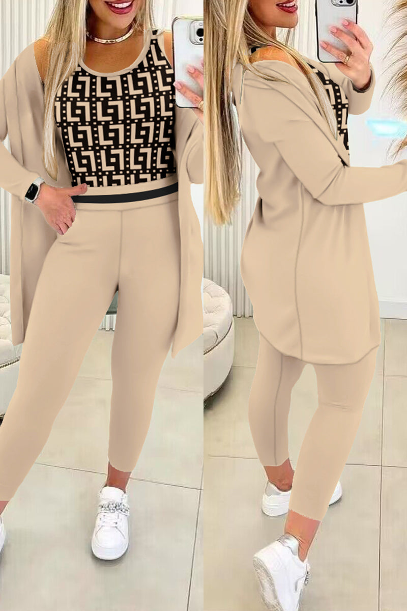 Casual Print Patchwork O Neck Long Sleeve Three Piece Set