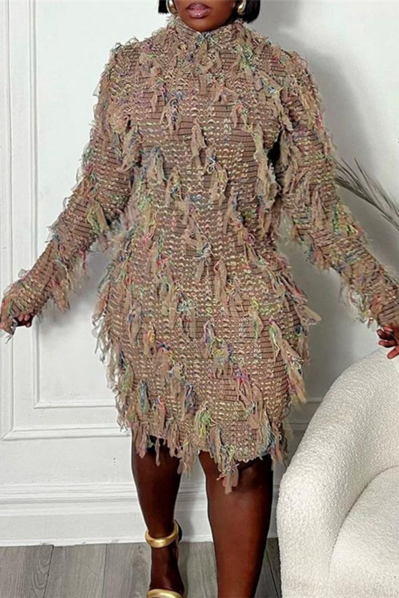 Casual Patchwork See-through Turtleneck Long Sleeve Dresses