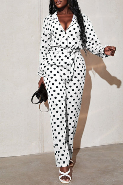 Casual Dot Print Patchwork Shirt Collar Regular Jumpsuits