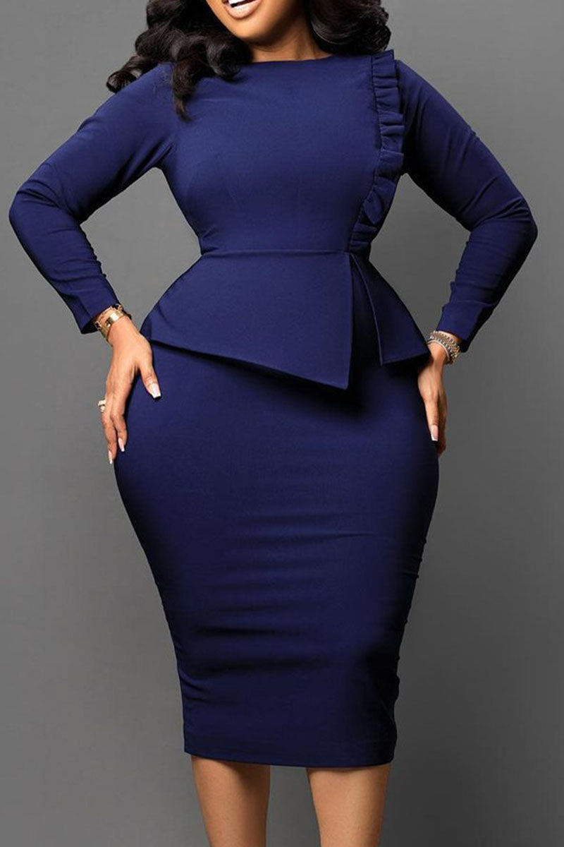 Casual Solid Patchwork O Neck Long Sleeve Plus Size Dresses