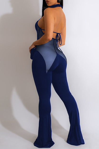 Sexy Solid Patchwork See-through Backless Halter Straight Jumpsuits