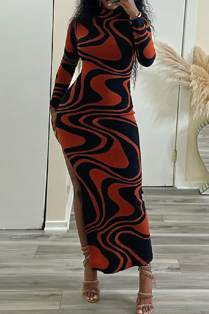 Casual Print Slit Turtleneck Long Dress Dresses