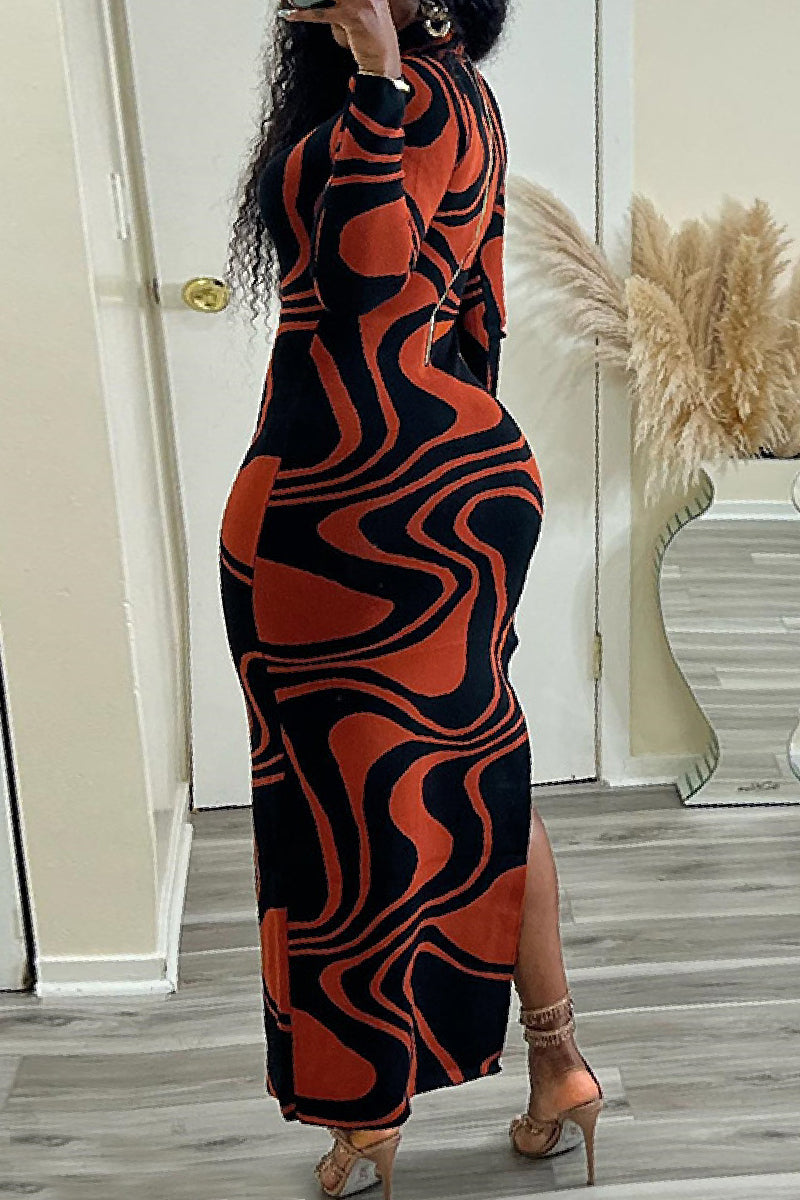 Casual Print Slit Turtleneck Long Dress Dresses