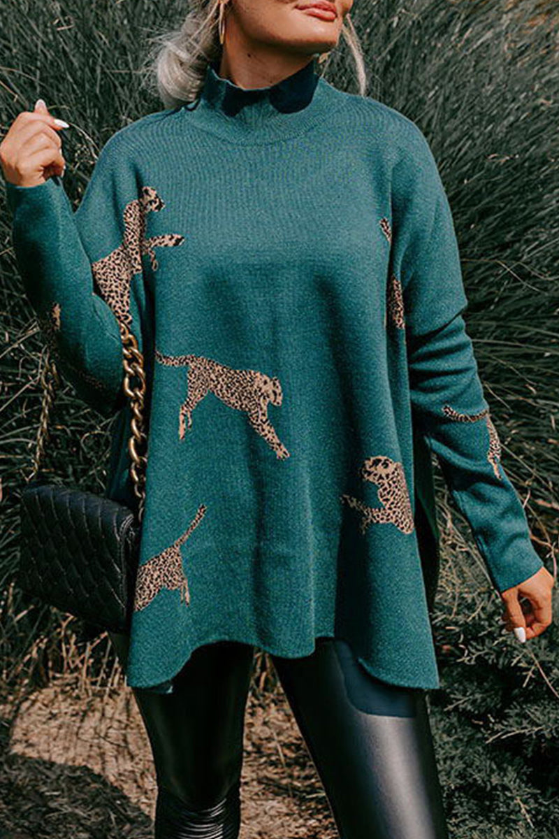 Casual Animal Slit Printing Turtleneck Tops