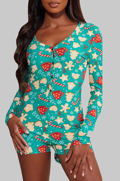 Sexy Print Patchwork Buckle V Neck Skinny Rompers