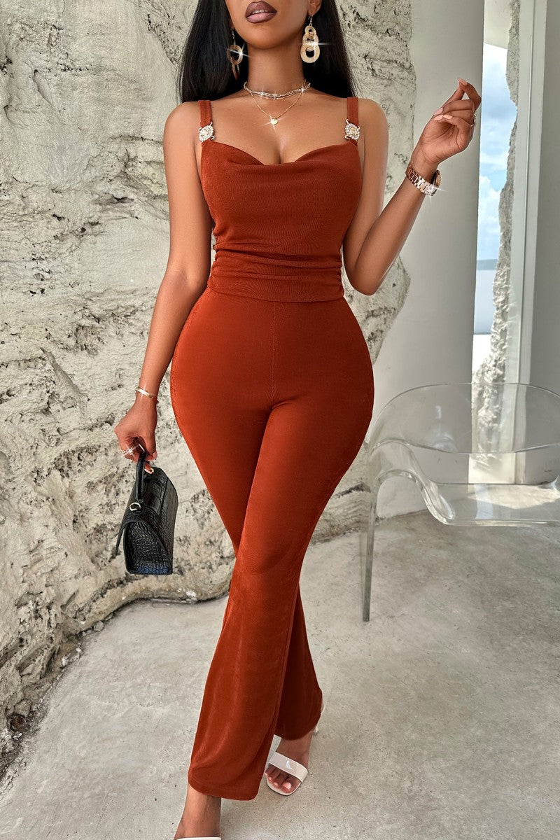 Casual Solid Backless Spaghetti Strap Skinny Jumpsuits