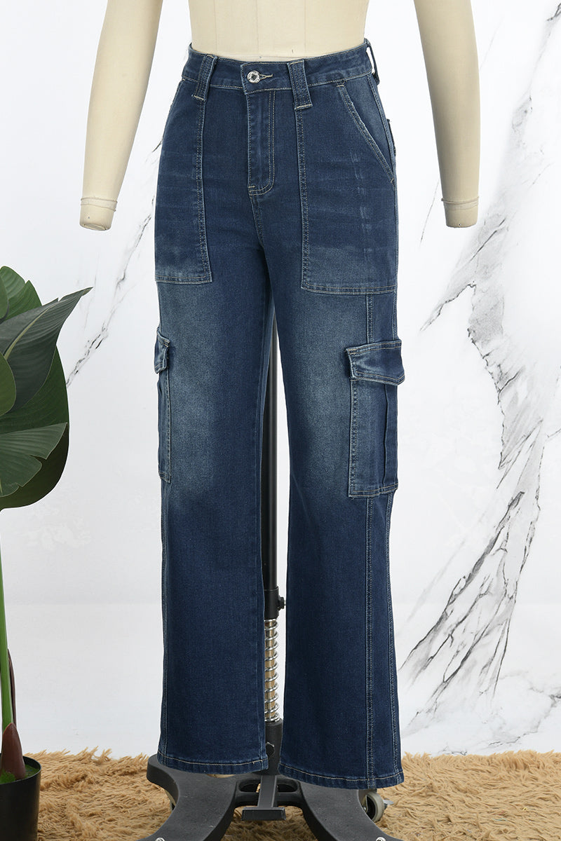 Casual Solid Patchwork High Waist Straight Denim Jeans