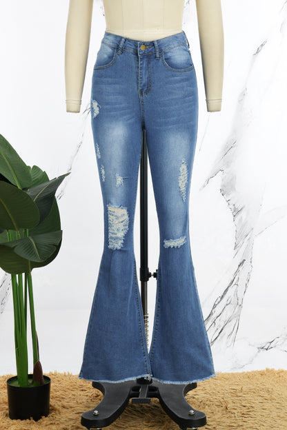 Fashion Casual Solid Ripped High Waist Regular Denim Jeans