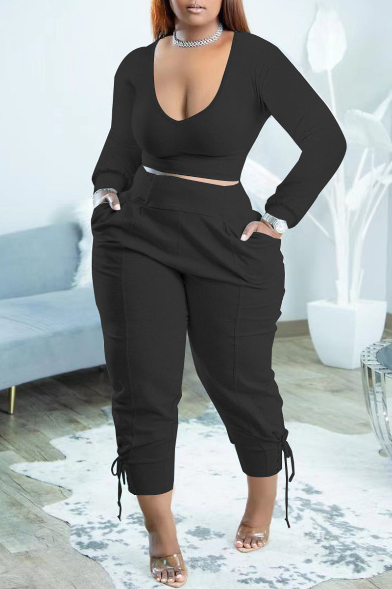 Casual Solid Basic V Neck Plus Size Two Pieces