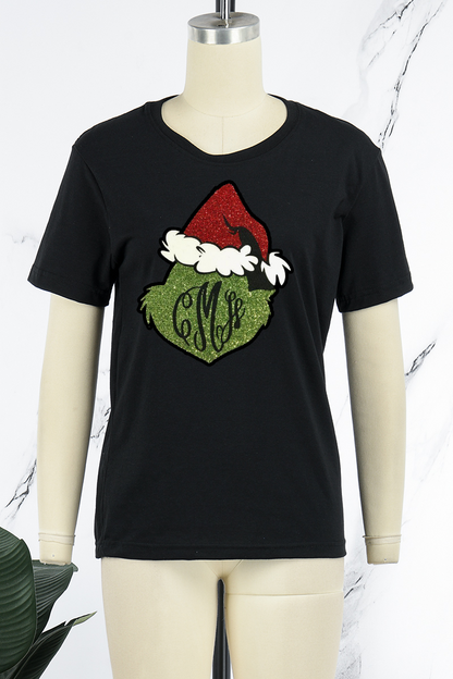 Sexy Street Print Santa Claus Patchwork O Neck T-Shirts