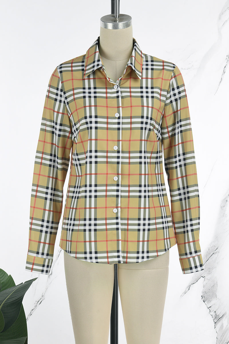 Casual Plaid Print Basic Shirt Collar Tops