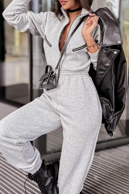 Casual Simplicity Solid Pocket Zipper Turndown Collar Regular Jumpsuits