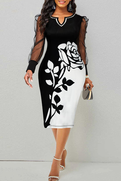 Casual Print Patchwork V Neck Long Sleeve Plus Size Dresses