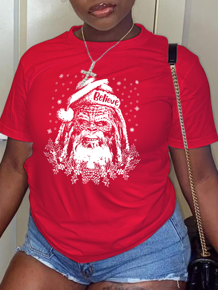 Casual Vintage Print Santa Claus Patchwork O Neck T-Shirts