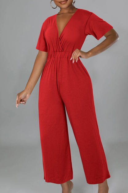 Casual Solid Patchwork V Neck Loose Jumpsuits