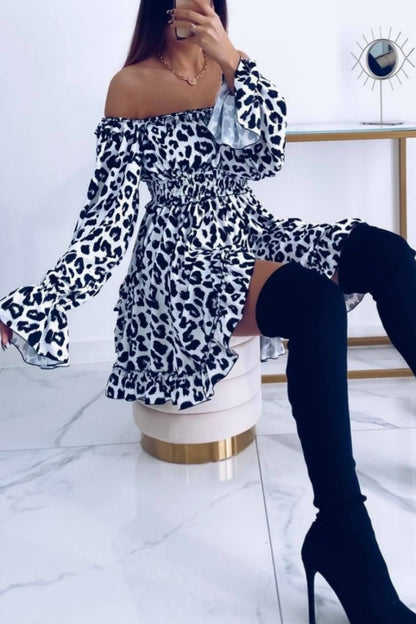 Casual Print Leopard Backless Off the Shoulder Dresses