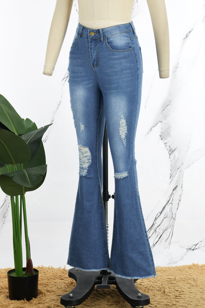 Fashion Casual Solid Ripped High Waist Regular Denim Jeans