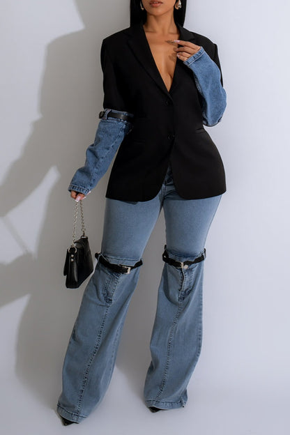 Casual Solid Patchwork High Waist Straight Denim Jeans