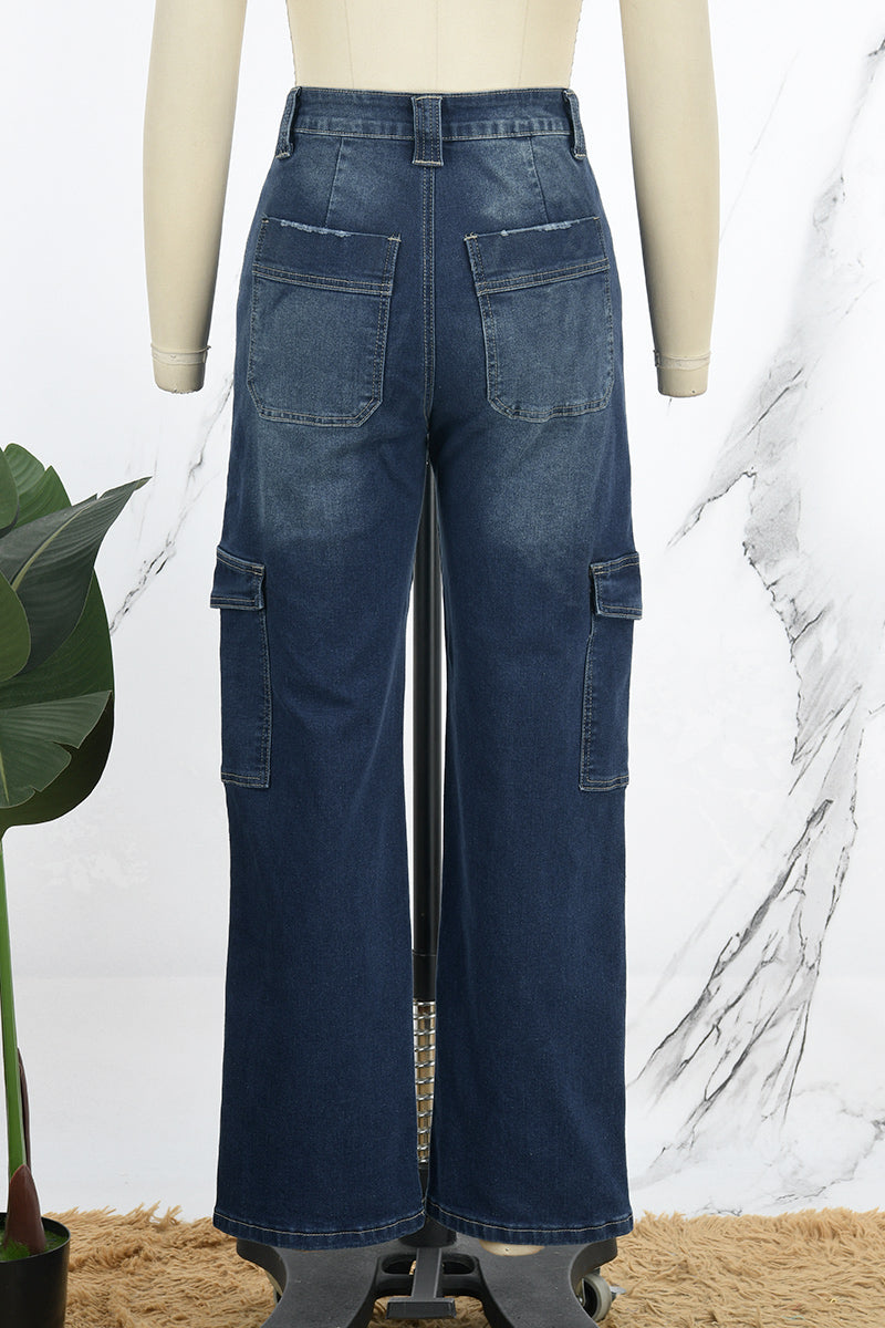 Casual Solid Patchwork High Waist Straight Denim Jeans