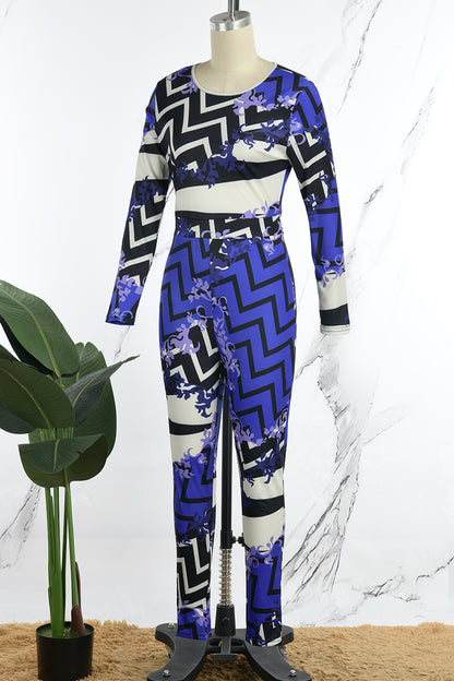 Casual Print Basic O Neck Skinny Jumpsuits