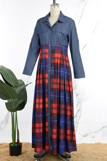 Casual Plaid Patchwork Turndown Collar Long Sleeve Dresses