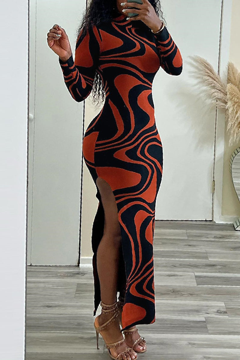 Casual Print Slit Turtleneck Long Dress Dresses