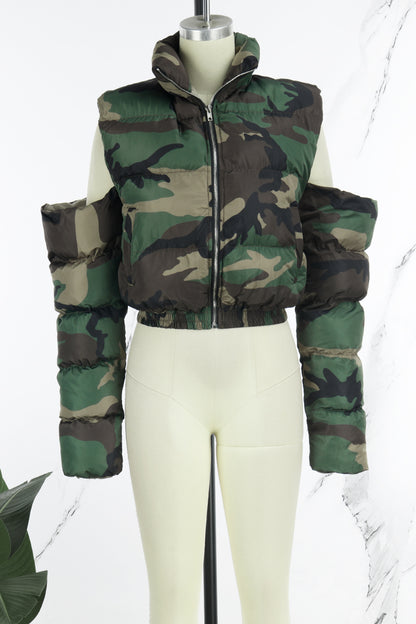 Casual Camouflage Print Hollowed Out Zipper Collar Outerwear