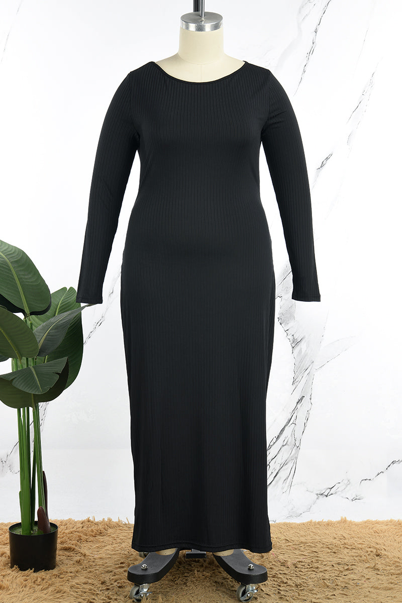 Casual Solid Basic O Neck Long Sleeve Plus Size Dresses