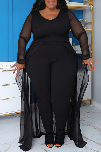 Casual Solid Patchwork V Neck Plus Size Jumpsuits