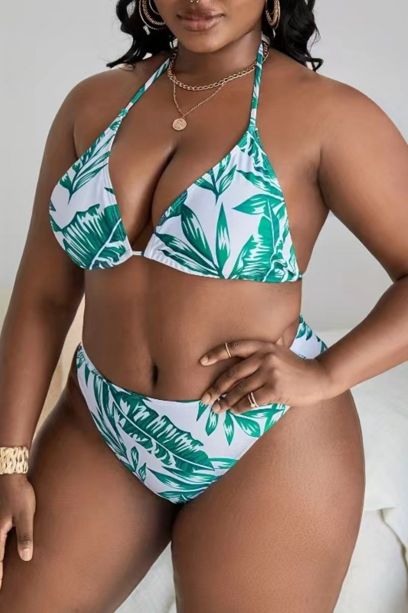 Casual Print Bandage V Neck Plus Size Swimwear Three Piece Set