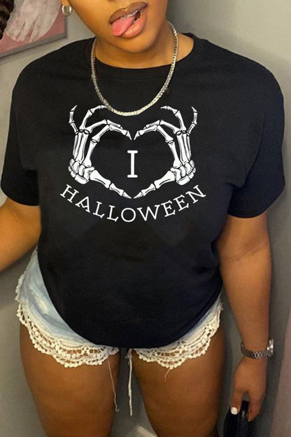 Casual Basis Print Skull Patchwork Letter O Neck T-Shirts