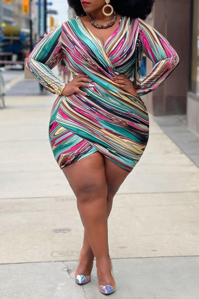 Casual Print Patchwork V Neck Long Sleeve Plus Size Dresses