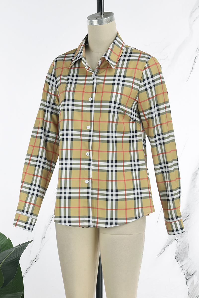 Casual Plaid Print Basic Shirt Collar Tops