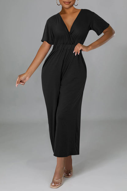 Casual Solid Patchwork V Neck Loose Jumpsuits