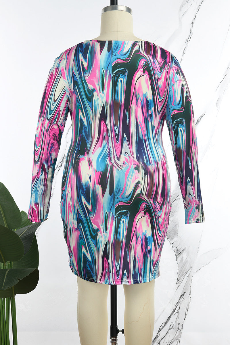 Casual Print Patchwork V Neck Long Sleeve Plus Size Dresses