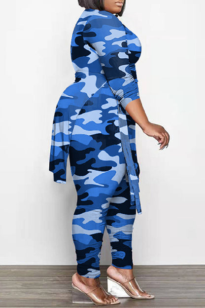 Casual Print Frenulum O Neck Plus Size Two Piece Set