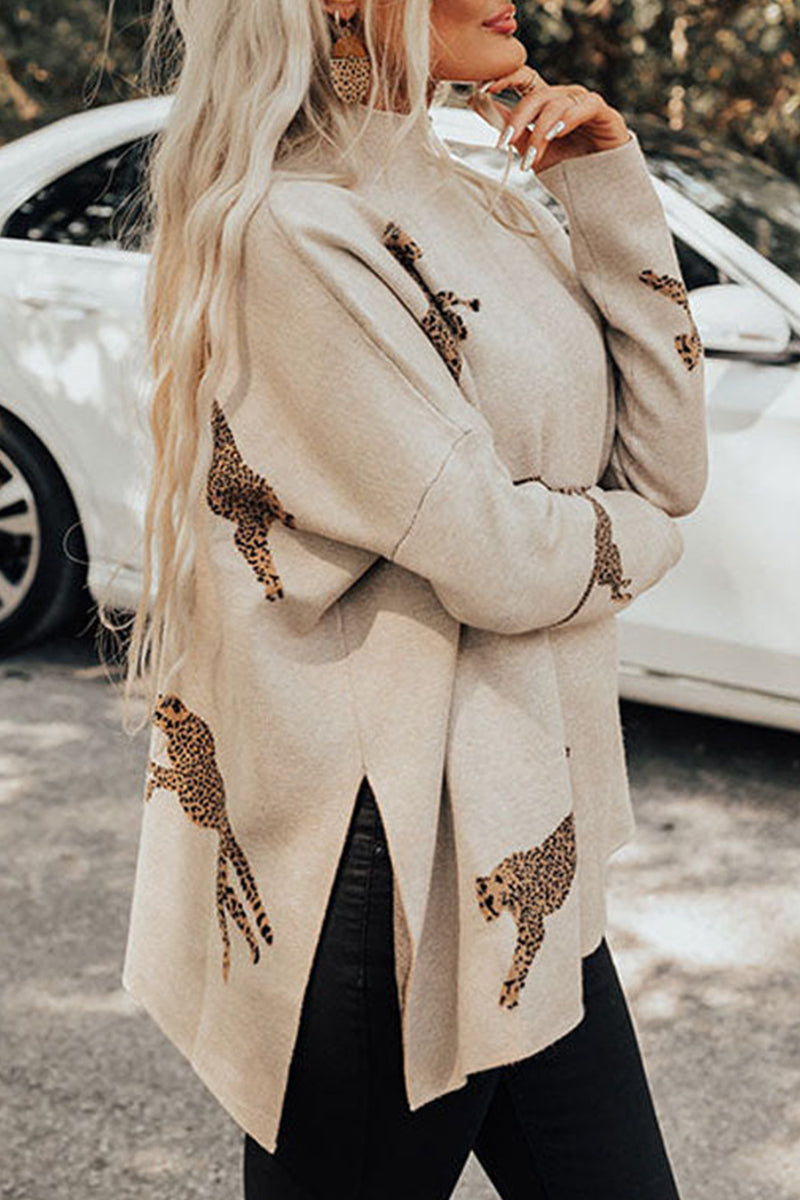 Casual Animal Slit Printing Turtleneck Tops