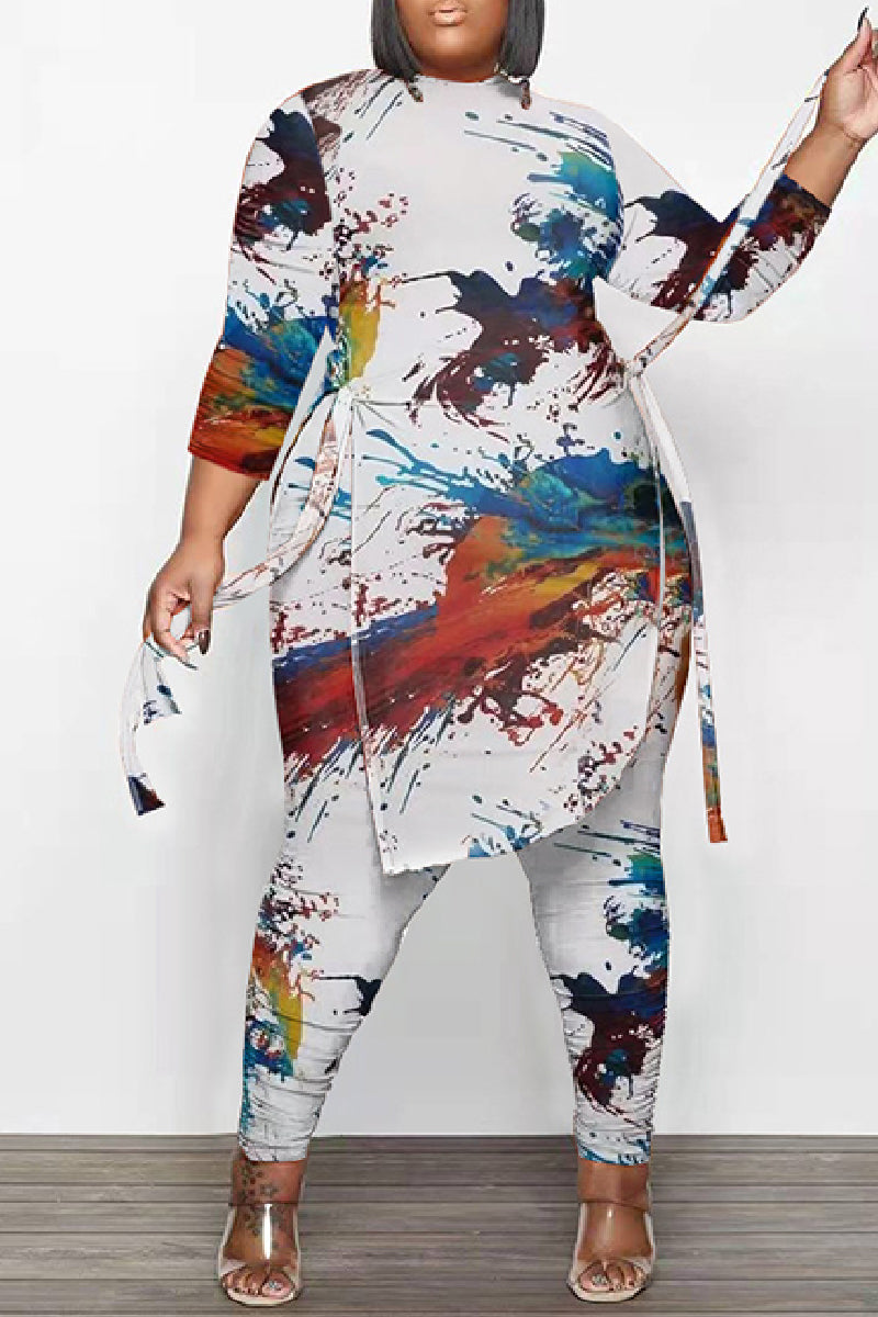 Casual Print Frenulum O Neck Plus Size Two Piece Set