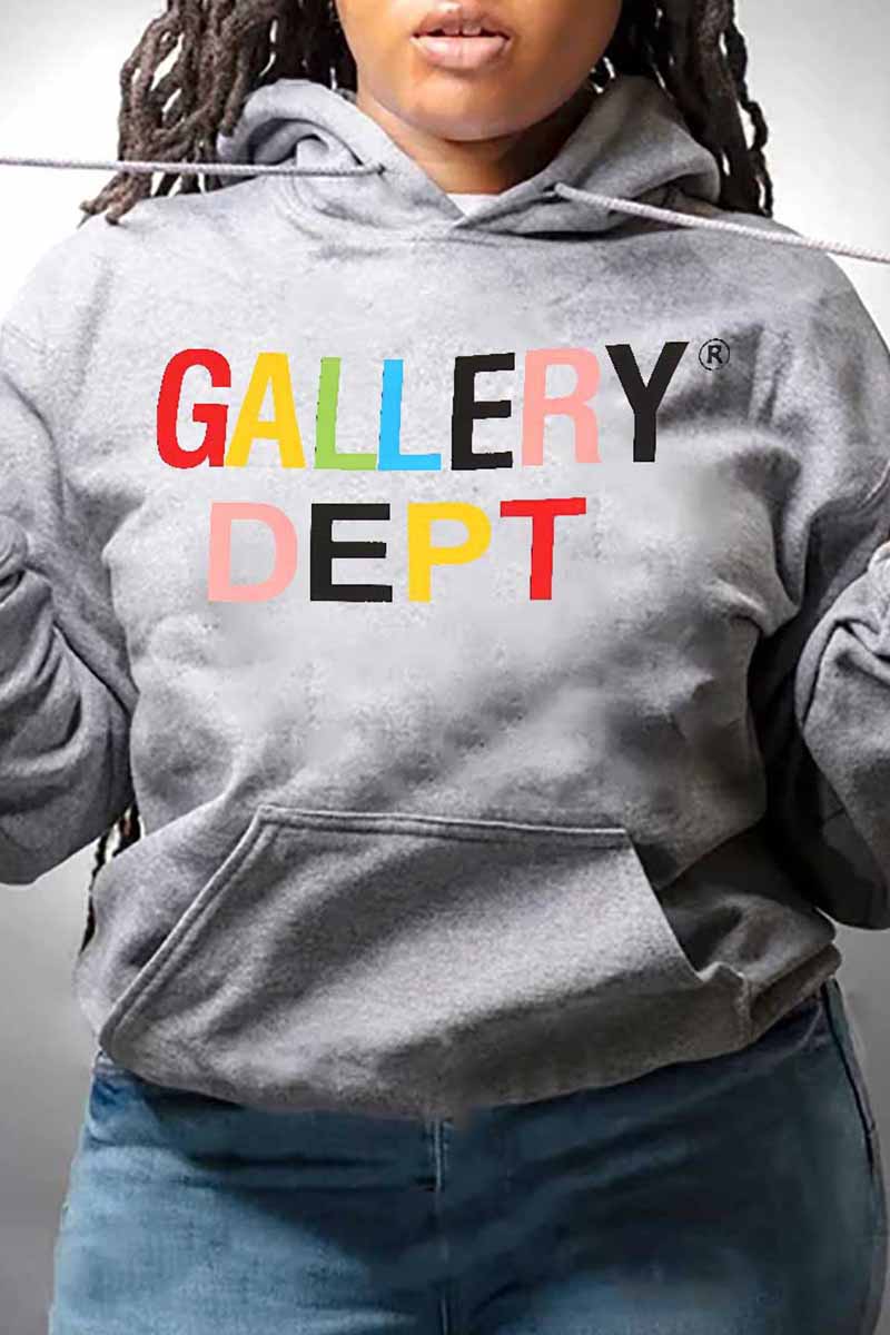 Casual Print Letter Hooded Collar Tops