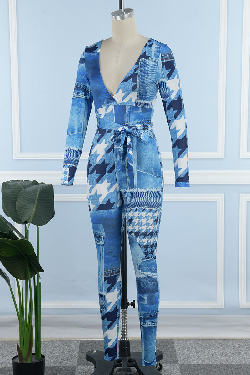 Street Print Bandage Patchwork V Neck Skinny Jumpsuits