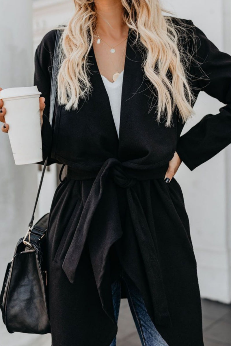 Casual Solid With Belt Turndown Collar Outerwear