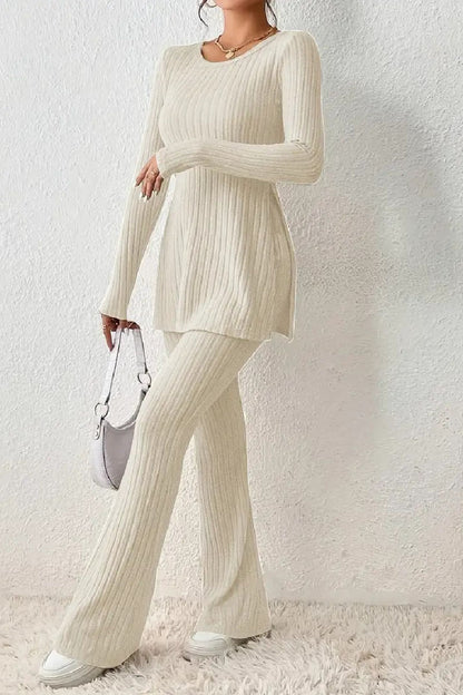 Casual Solid Slit O Neck Long Sleeve Two Pieces