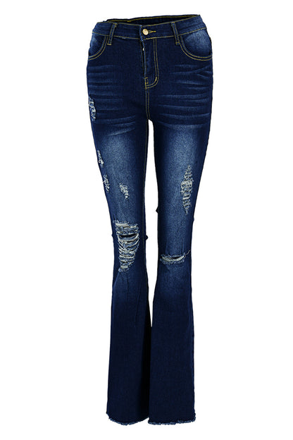 Fashion Casual Solid Ripped High Waist Regular Denim Jeans