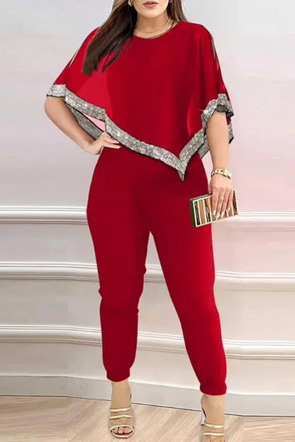 Casual Solid Sequins Patchwork O Neck Half Sleeve Two Pieces