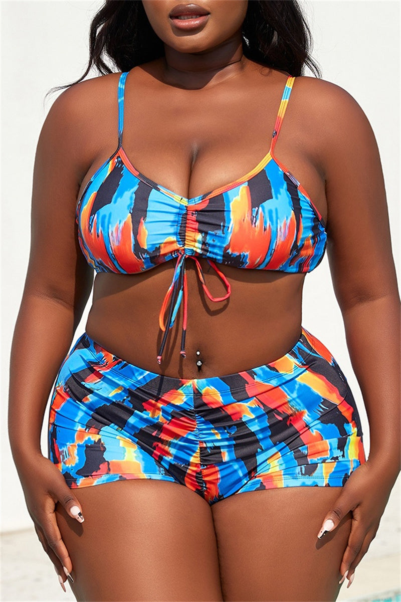 Sexy Print Tie-dye Plus Size Swimwear Three Piece Set