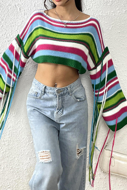 Sexy Color Block Tassel Patchwork O Neck Tops