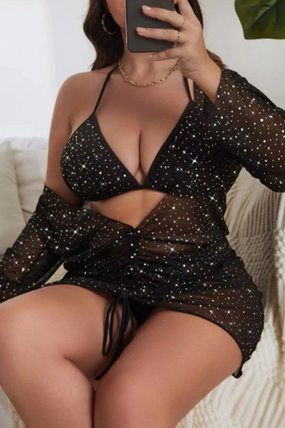 Sexy Solid Bandage Sequins Patchwork See-through Plus Size Swimwear Three Piece Set