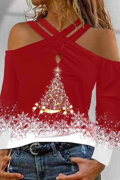 Casual Christmas Tree Printed V Neck Tops