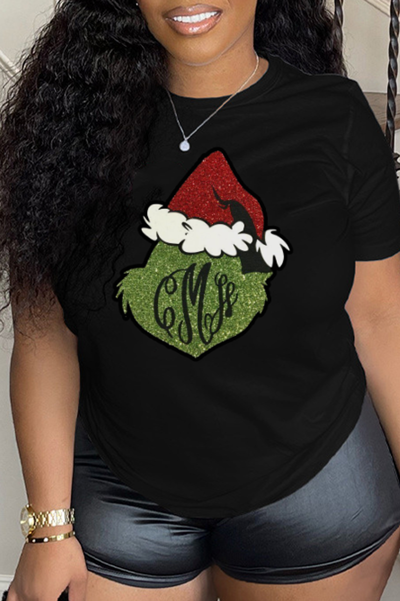 Sexy Street Print Santa Claus Patchwork O Neck T-Shirts