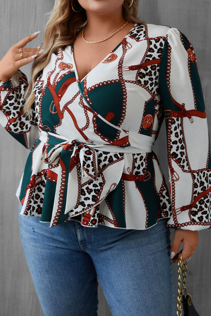 Casual Print Patchwork V Neck Plus Size Tops